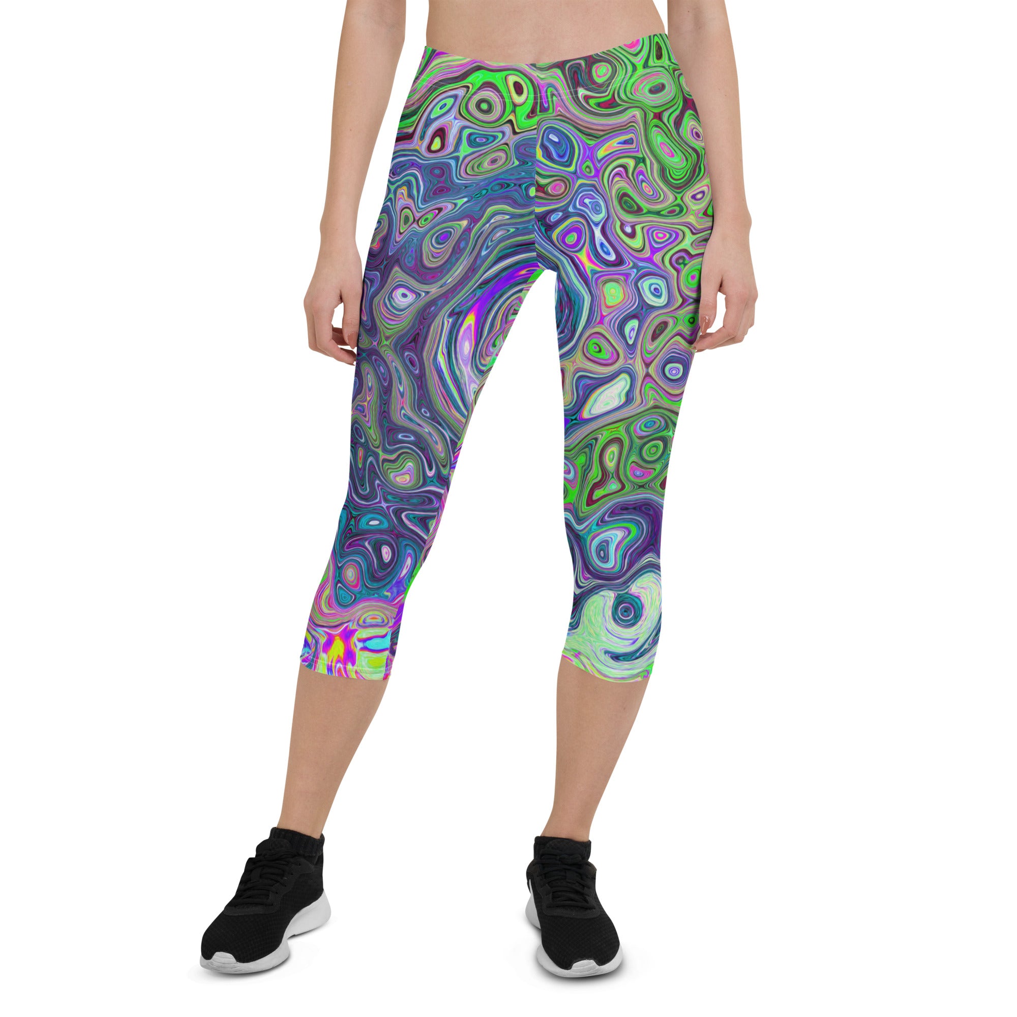 Capri Leggings for Women, Marbled Lime Green and Purple Abstract Retro Swirl