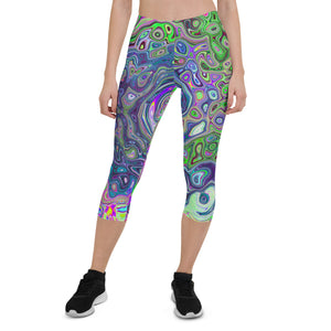 Capri Leggings for Women, Marbled Lime Green and Purple Abstract Retro Swirl