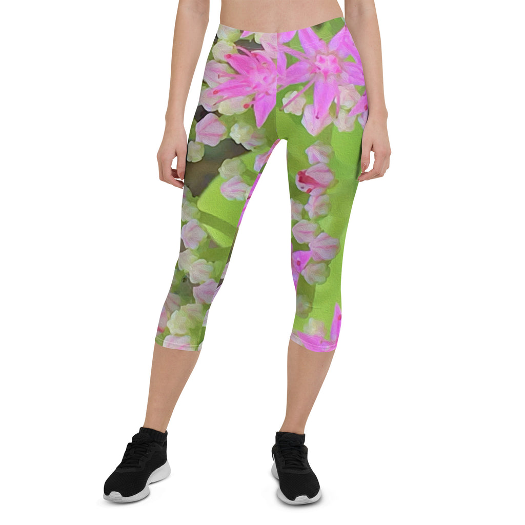 Capri Leggings for Women, Green Succulent Sedum with Hot Pink Flowers