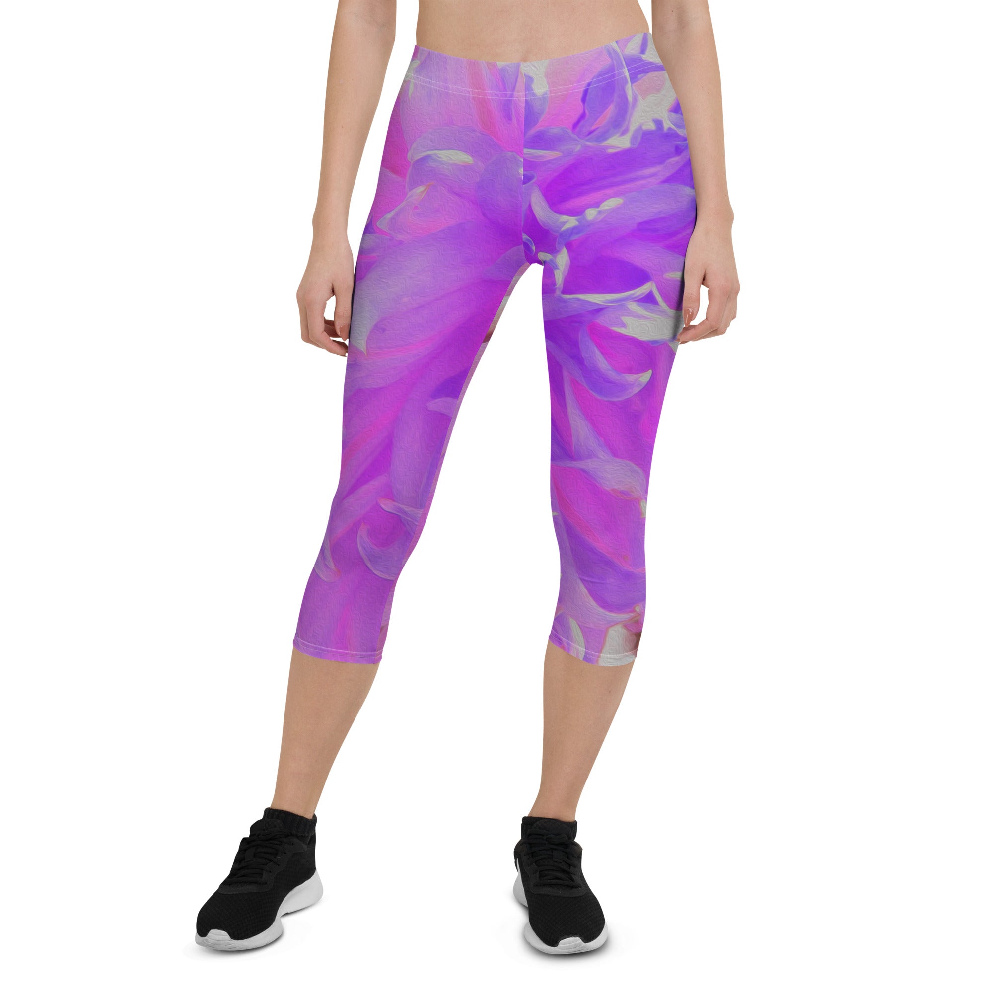 Capri Leggings for Women, Elegant Ultra-Violet Decorative Dahlia Flower