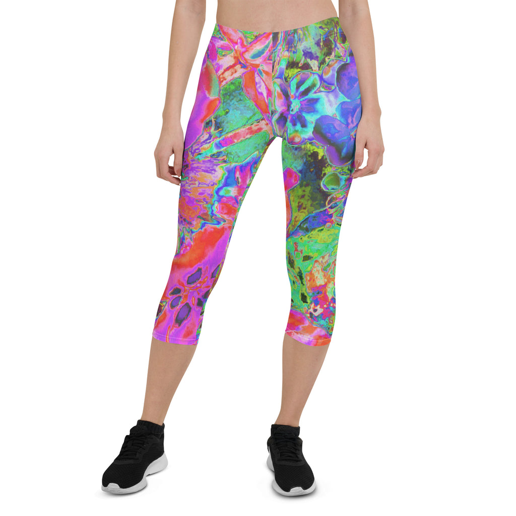 Capri Leggings for Women, Trippy Psychedelic Hot Pink and Purple Flowers