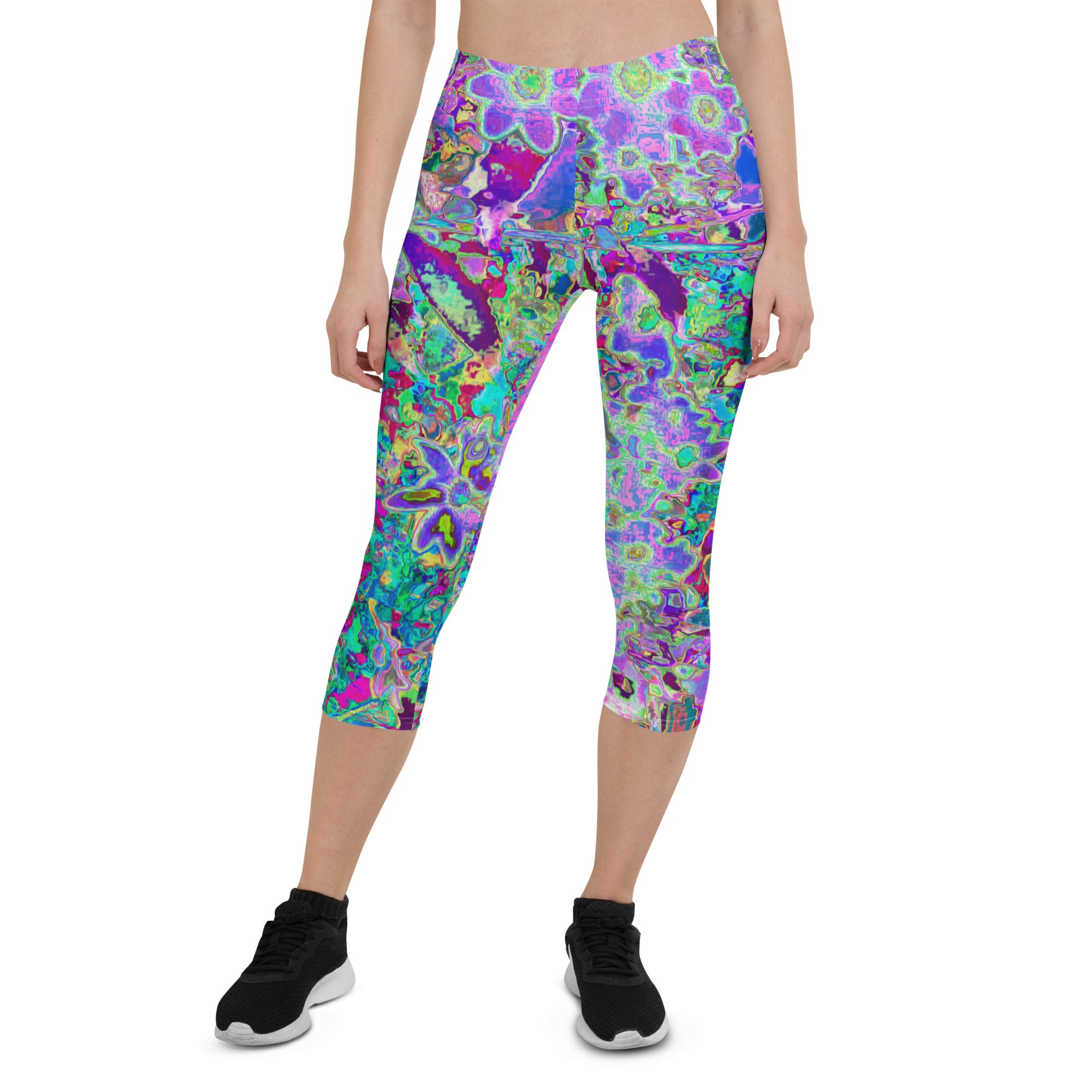 Capri Leggings for Women, Trippy Abstract Pink and Purple Flowers