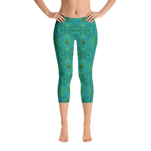 Capri Leggings - Trippy Retro Turquoise Chartreuse Abstract Pattern