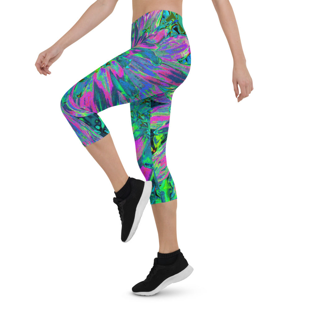 Capri Leggings for Women, Psychedelic Magenta, Aqua and Lime Green Dahlia