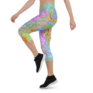 Capri Leggings for Women, Psychedelic Hot Pink and Ultra-Violet Hibiscus