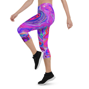 Capri Leggings for Women, Retro Purple and Orange Abstract Groovy Swirl