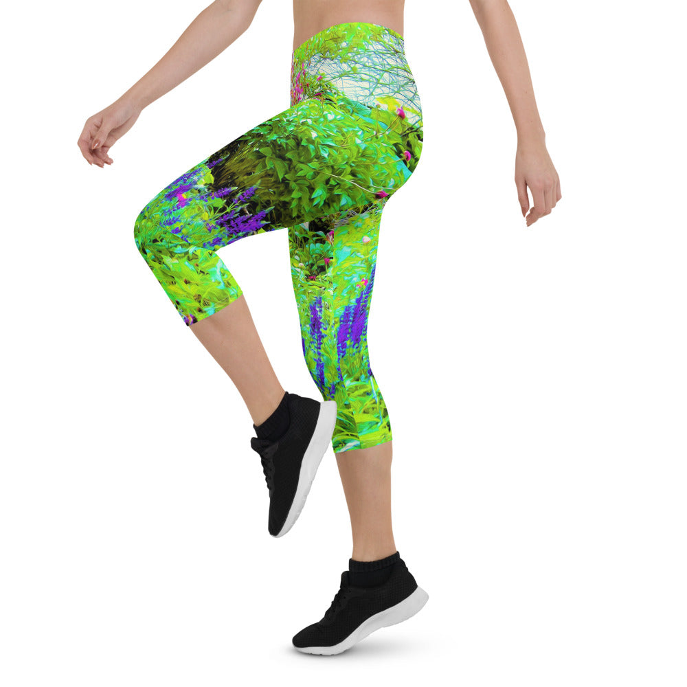 Capri Leggings for Women, Green Spring Garden Landscape with Peonies