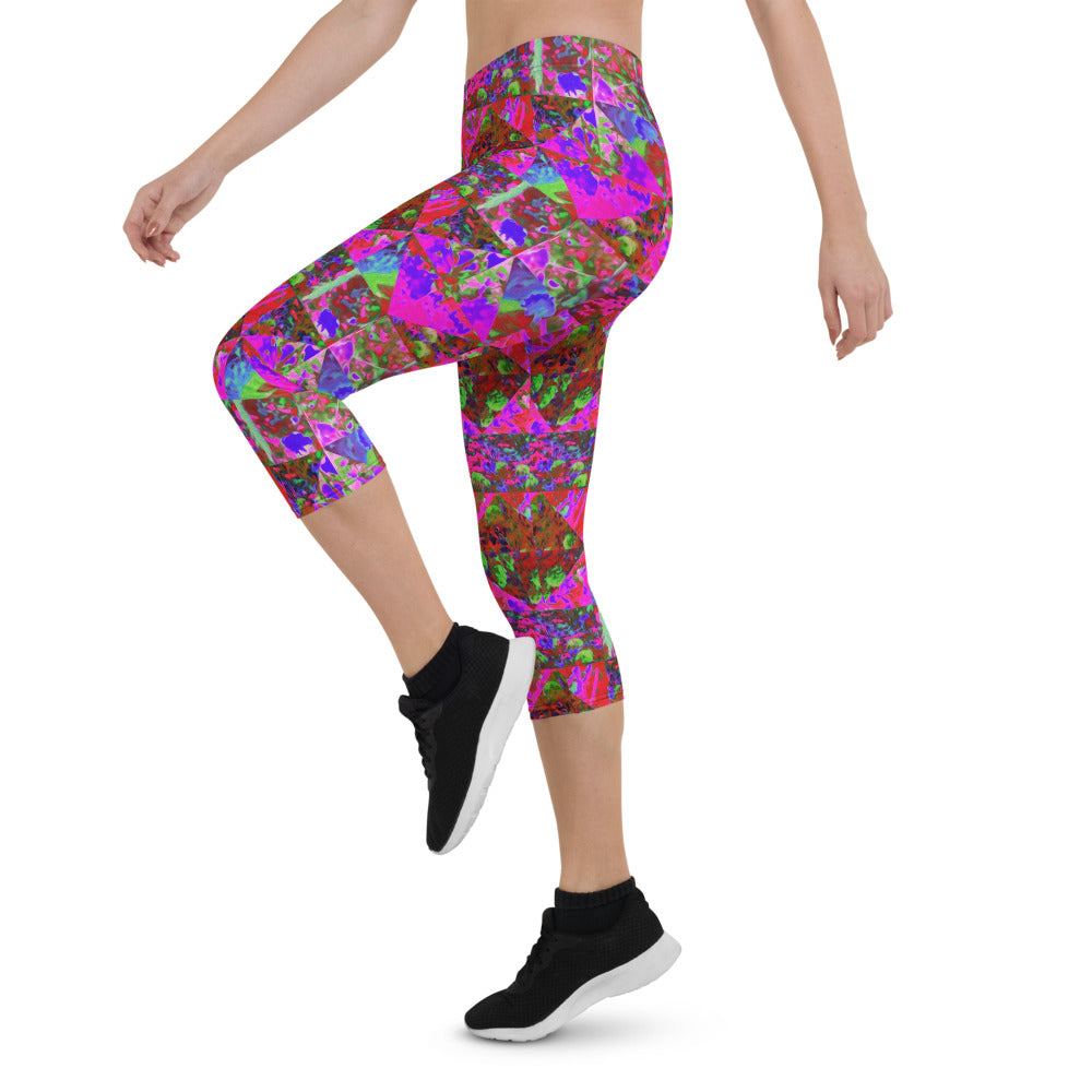 Capri Leggings for Women, Trippy Garden Quilt Painting with Lime Green Hydrangea