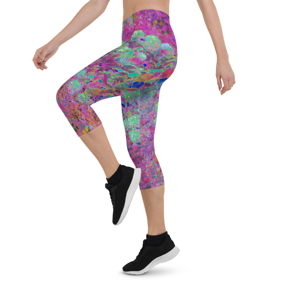 Colorful Floral Capri Leggings, Magenta Garden with Aqua Hydrangea Flowers