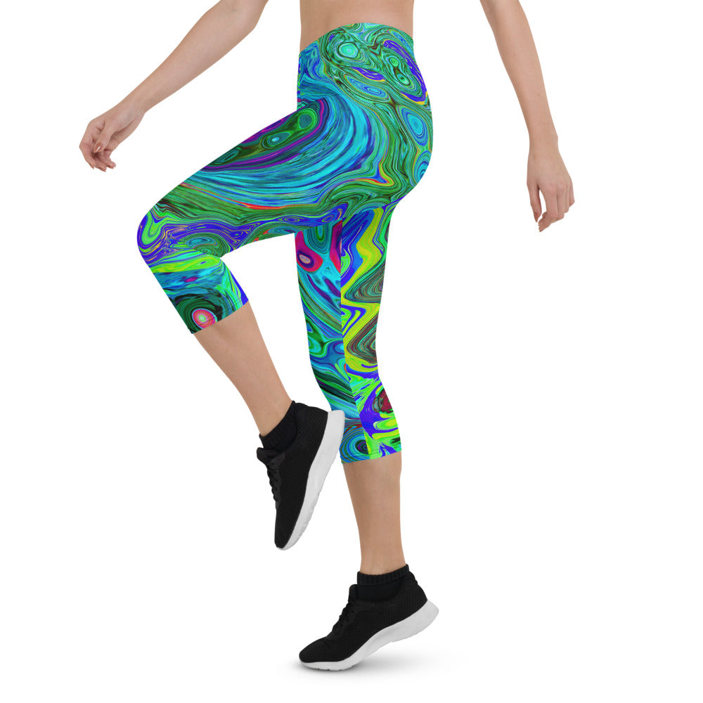Colorful Capri Leggings for Women, Groovy Abstract Retro Green and Blue Swirl