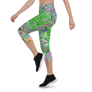 Colorful Capri Leggings for Women, Trippy Lime Green and Pink Abstract Retro Swirl