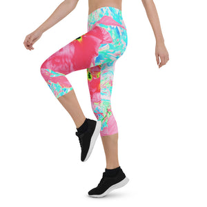 Capri Leggings for Women, Two Rosy Red Coral Plum Crazy Hibiscus on Aqua