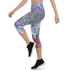 Capri Leggings for Women, Elegant Aqua and Purple Limelight Hydrangea Detail