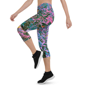 Capri Leggings for Women, Abstract Coral, Pink, Green and Aqua Garden Foliage