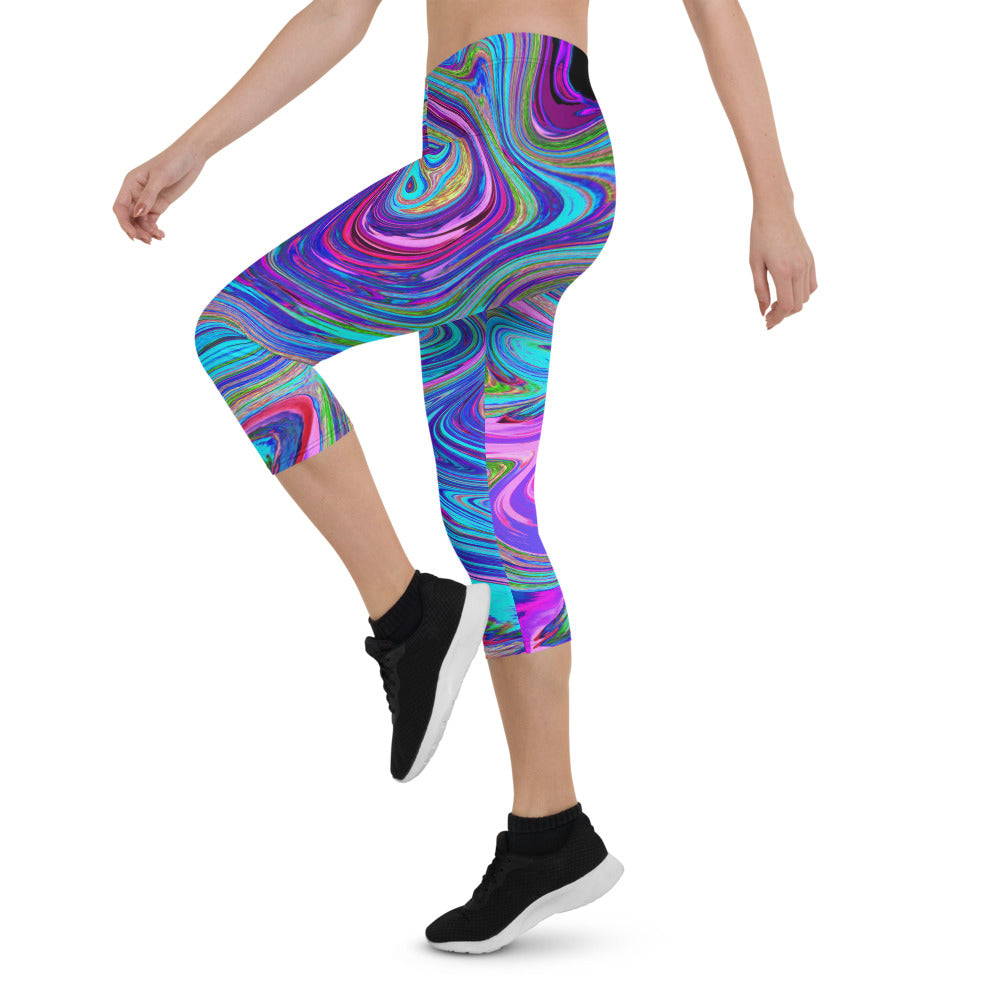 Capri Leggings for Women, Blue, Pink and Purple Groovy Abstract Retro Art