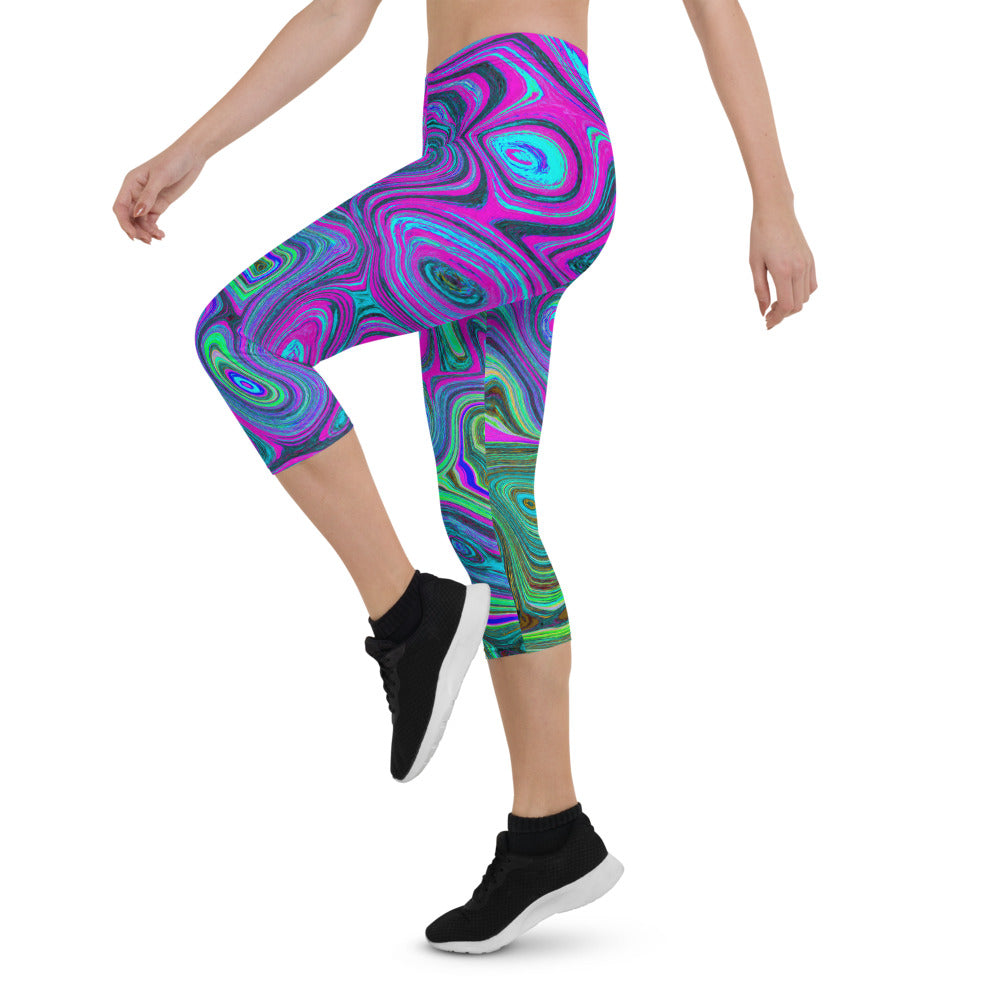 Capri Leggings for Women, Marbled Magenta and Lime Green Groovy Abstract Art