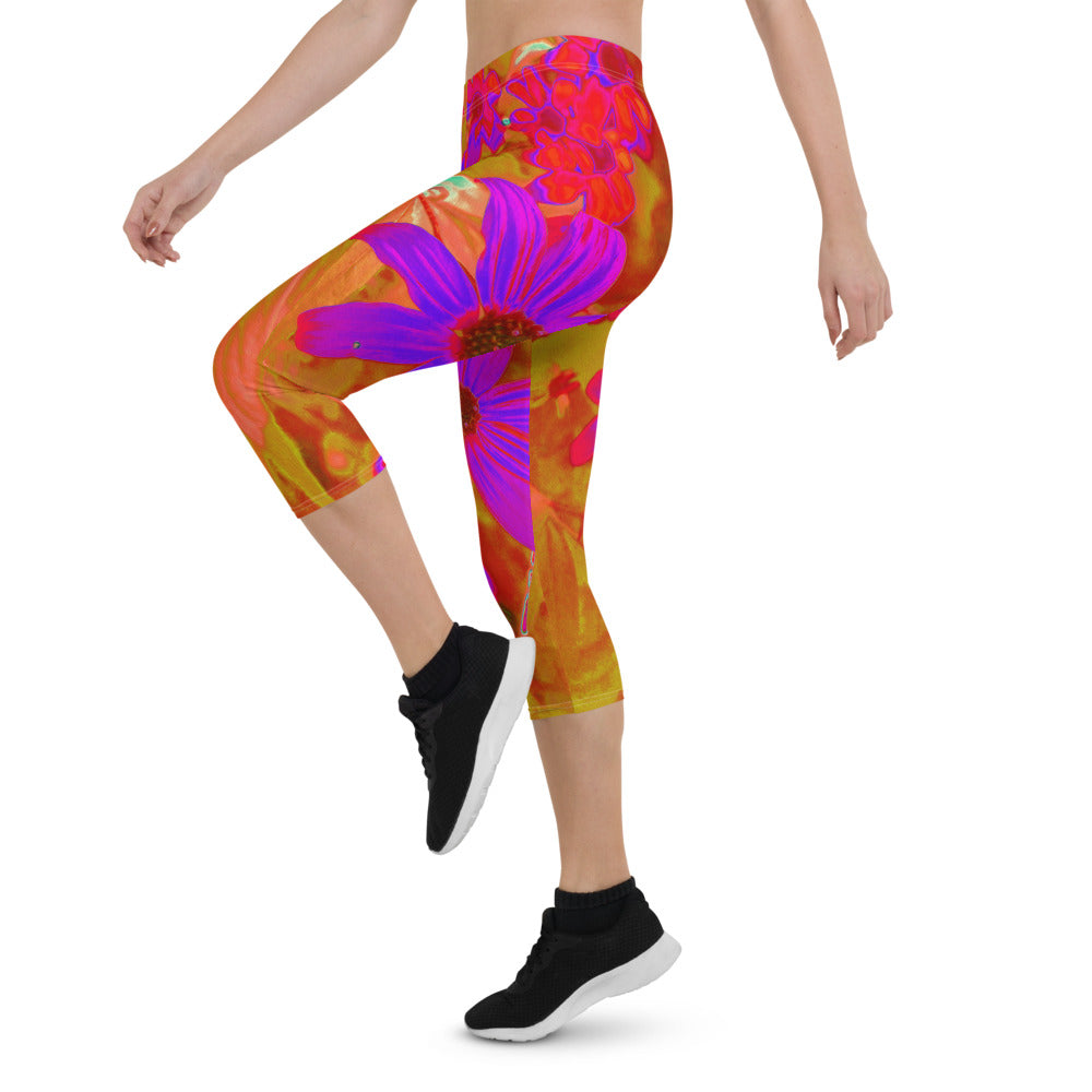 Capri Leggings for Women, Colorful Ultra-Violet, Magenta and Red Wildflowers
