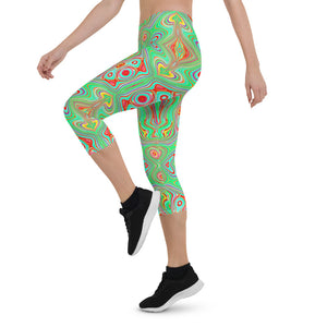 Capri Leggings for Women, Trippy Retro Orange and Lime Green Abstract Pattern