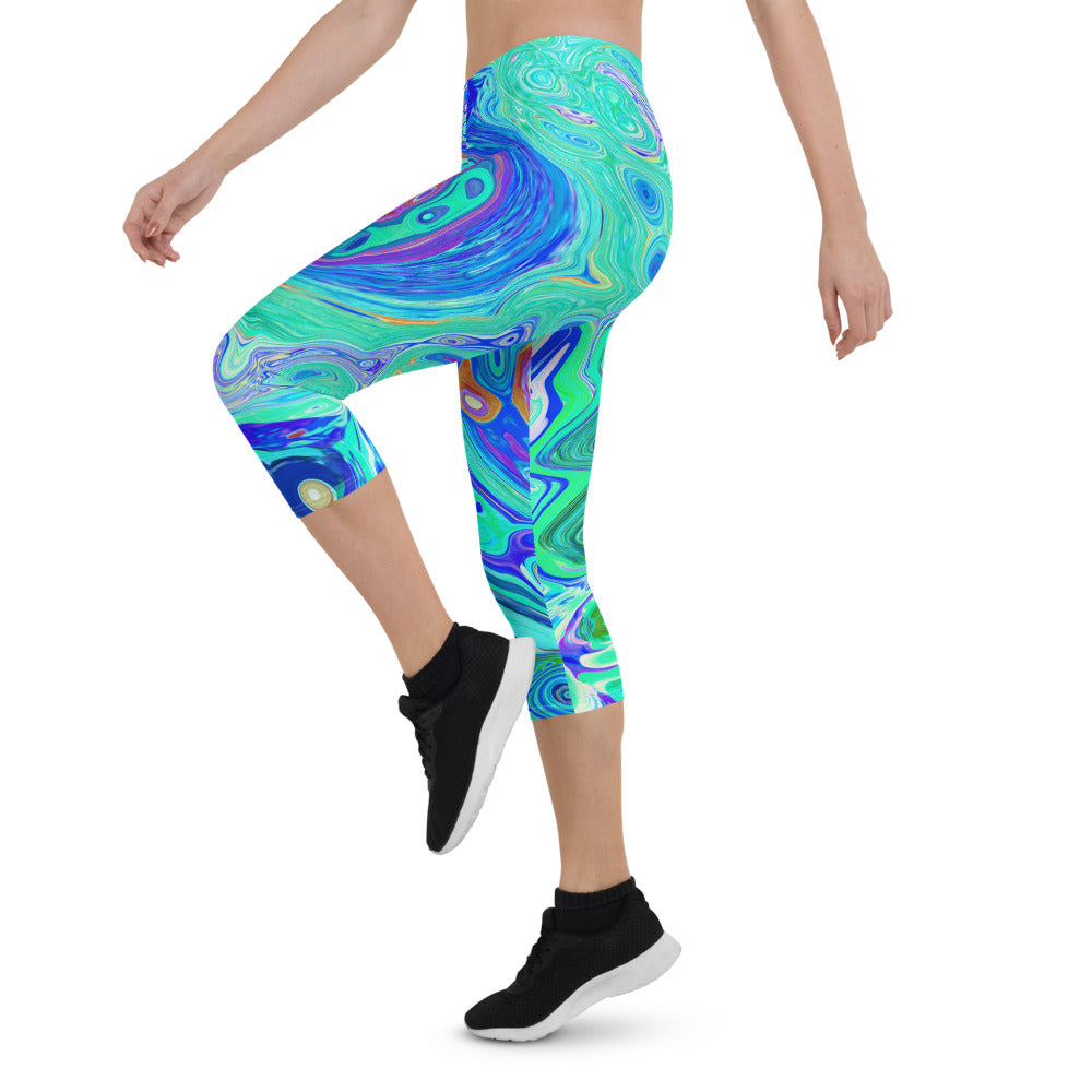 Capri Leggings for Women, Groovy Abstract Ocean Blue and Green Liquid Swirl