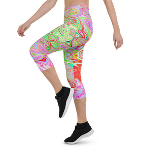 Capri Leggings for Women, Groovy Abstract Retro Pastel Green Liquid Swirl