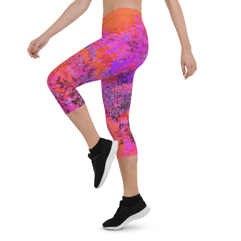 Capri Leggings for Women, Trippy Magenta and Orange Impressionistic Garden