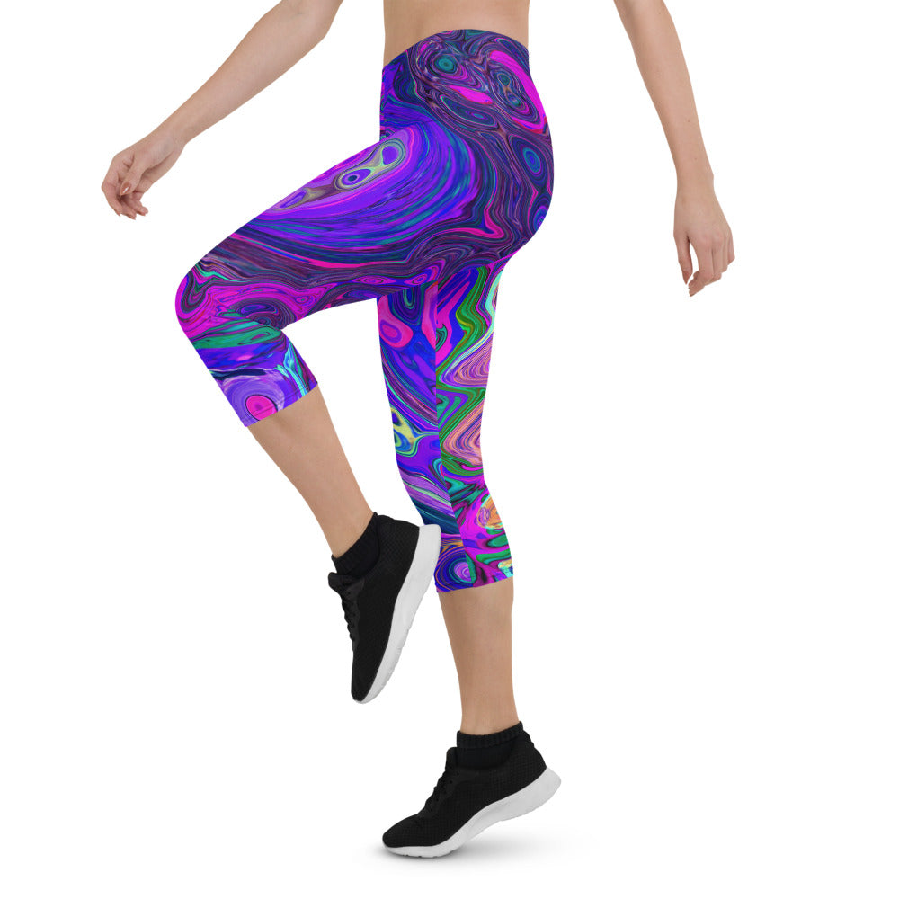 Capri Leggings for Women, Groovy Abstract Retro Magenta and Purple Swirl