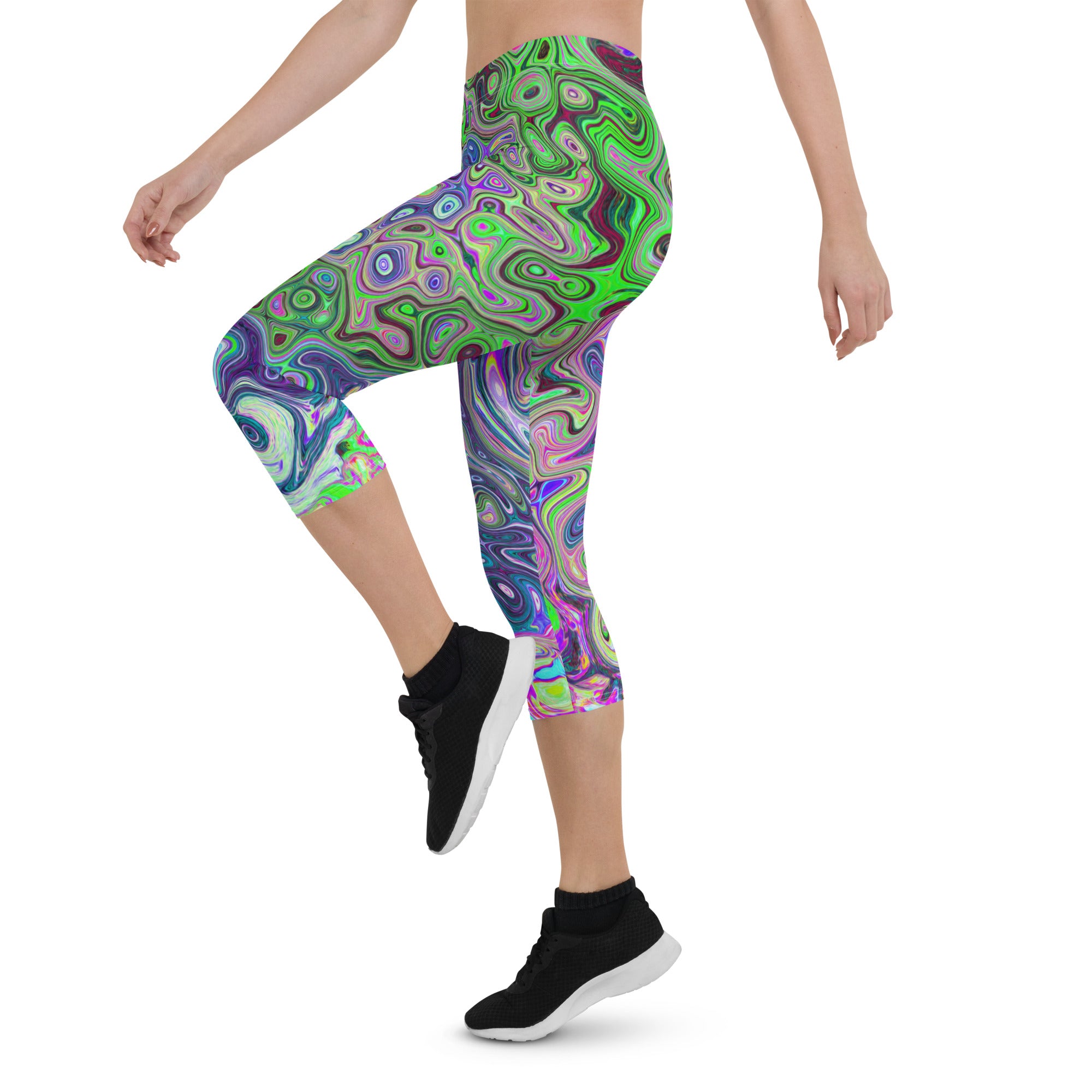 Capri Leggings for Women, Marbled Lime Green and Purple Abstract Retro Swirl