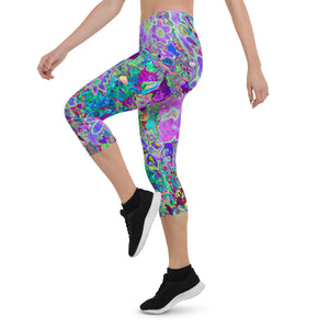 Capri Leggings for Women, Trippy Abstract Pink and Purple Flowers