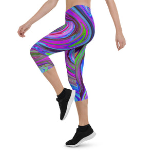 Capri Leggings for Women, Colorful Magenta Swirl Retro Abstract Design