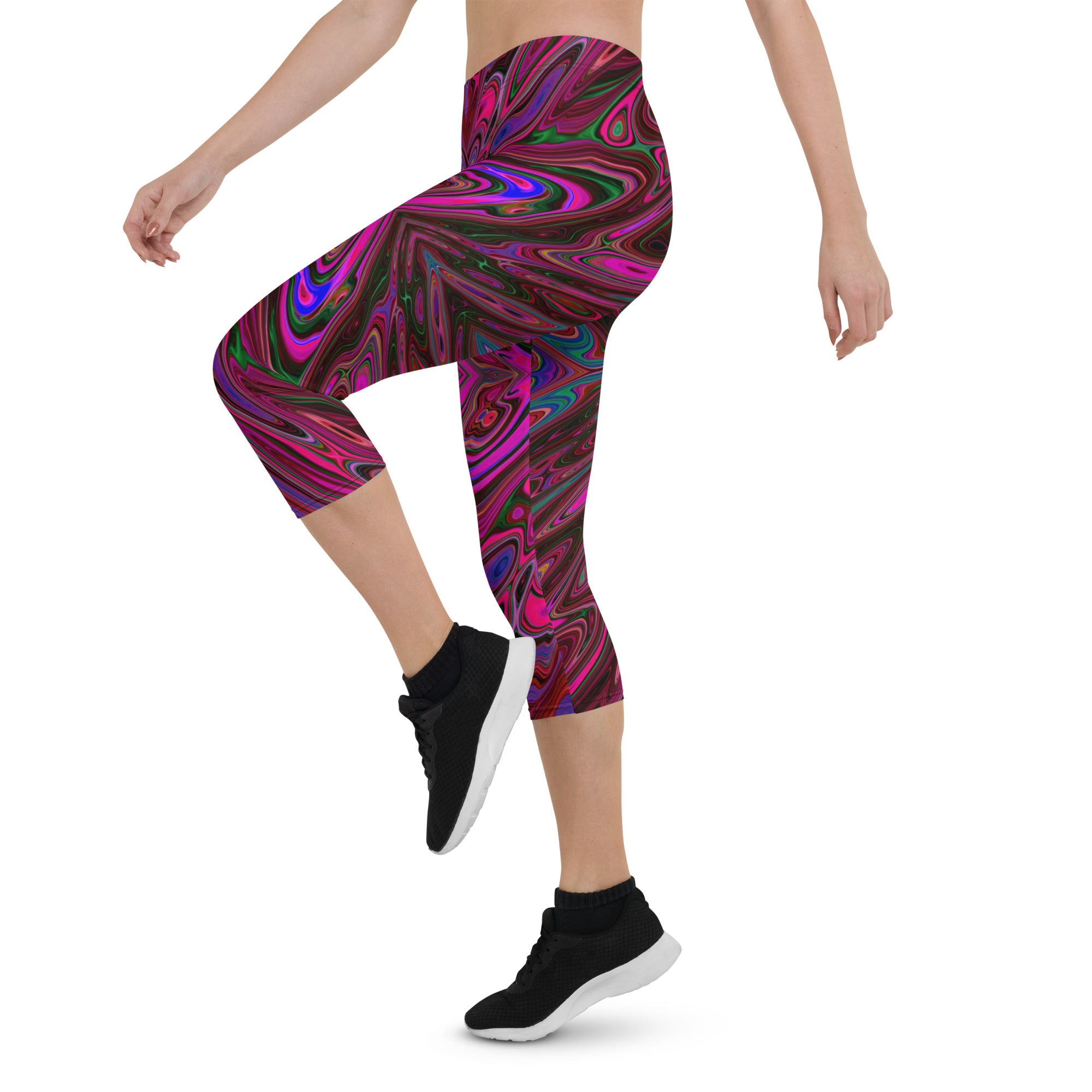 Capri Leggings, Trippy Hot Pink, Red and Blue Abstract Butterfly