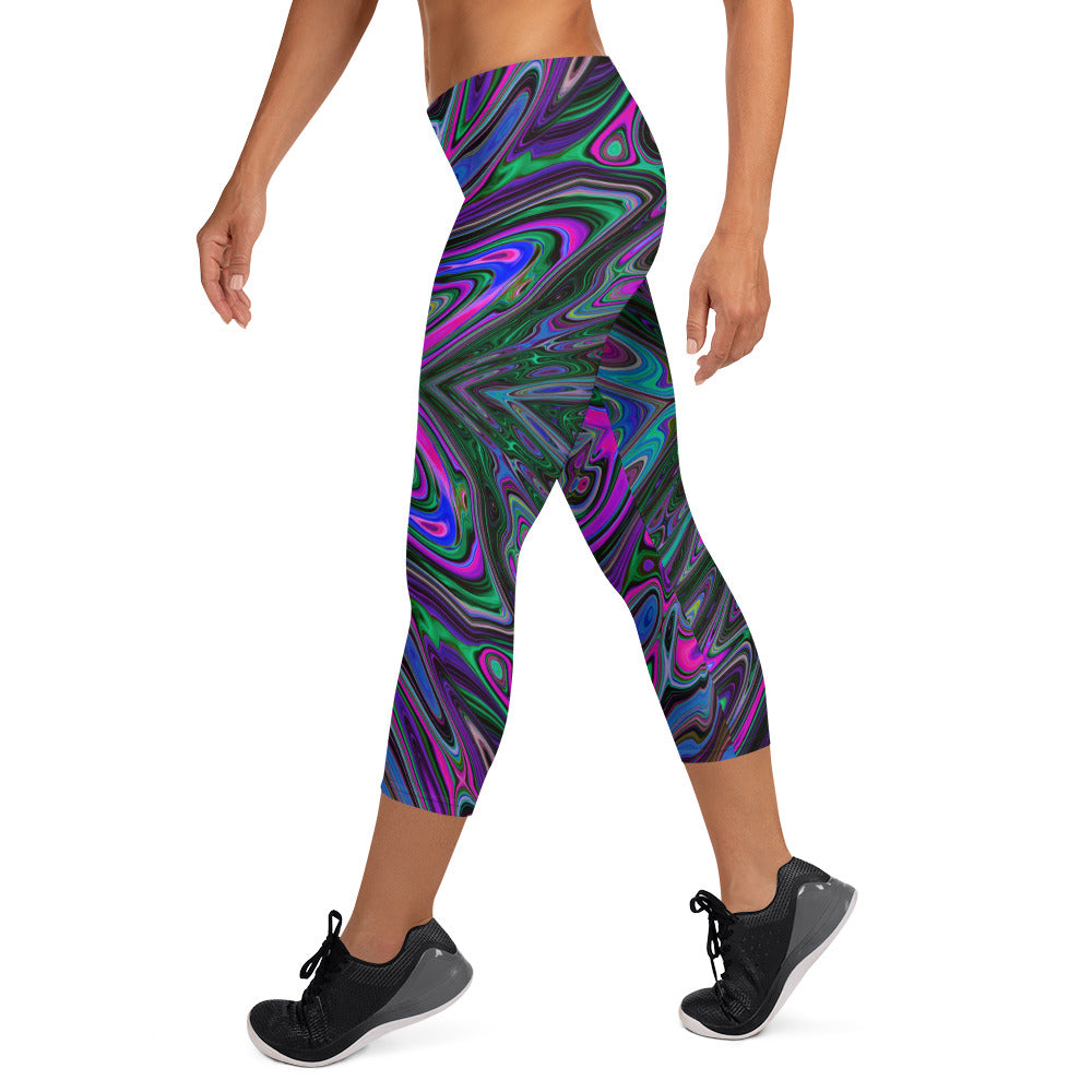 Capri Leggings, Trippy Magenta, Blue and Green Abstract Butterfly