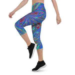 Capri Leggings, Trippy Retro Blue and Red Abstract Butterfly