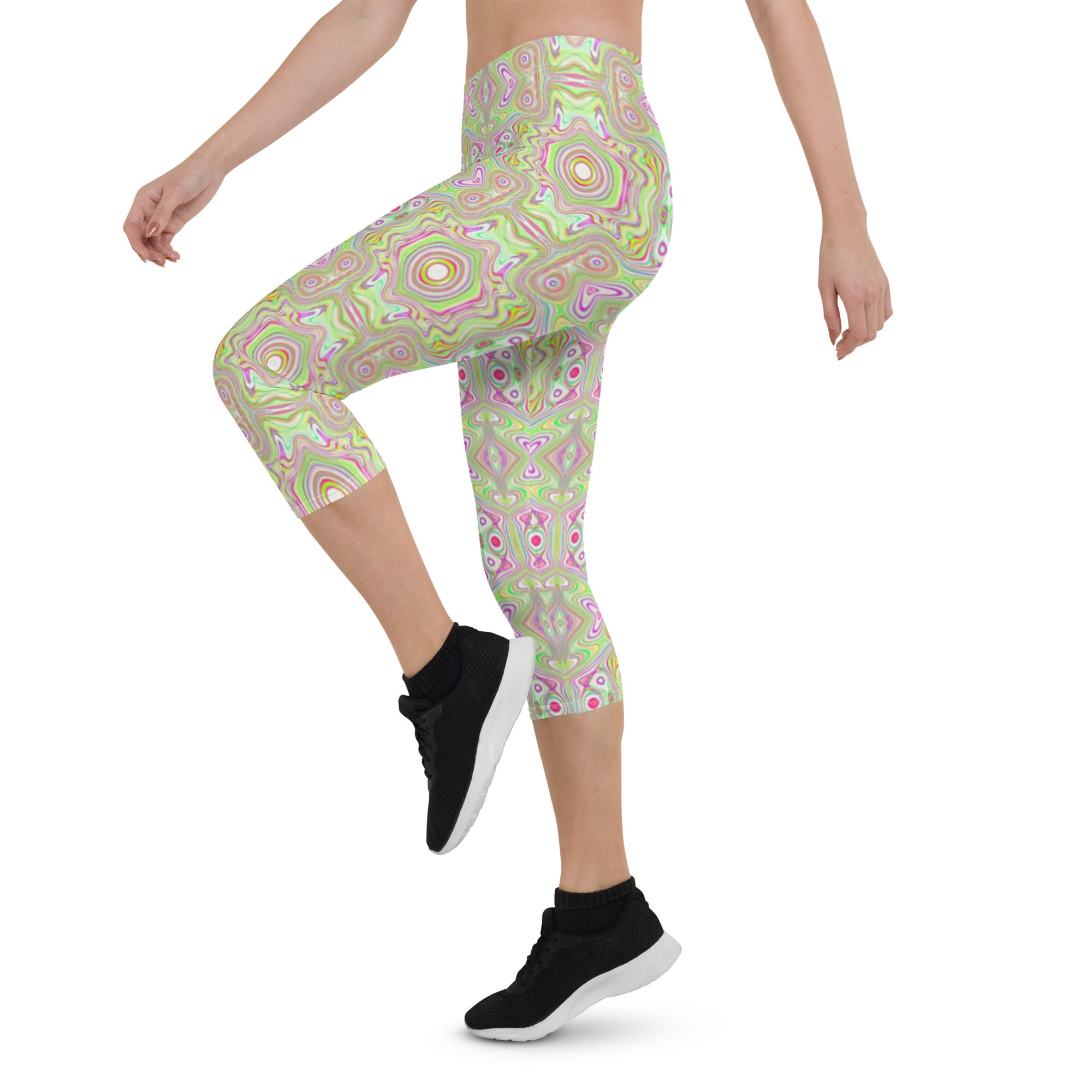 Capri Leggings - Trippy Retro Pink and Lime Green Abstract Pattern