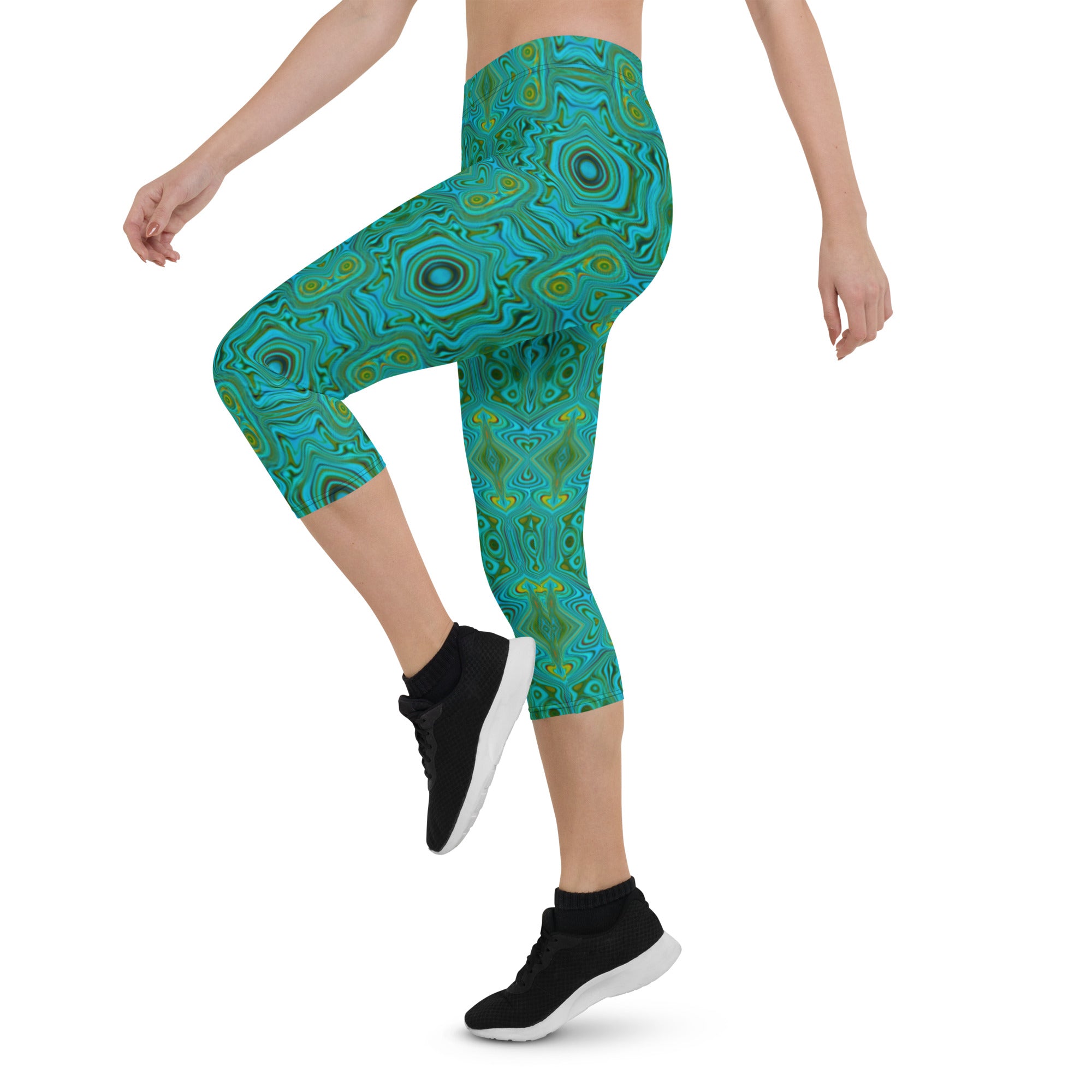 Capri Leggings - Trippy Retro Turquoise Chartreuse Abstract Pattern