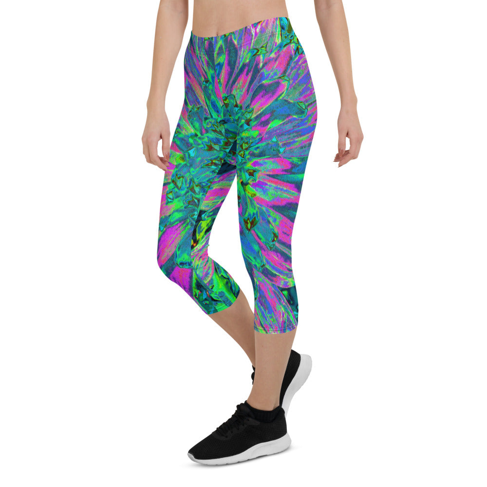 Capri Leggings for Women, Psychedelic Magenta, Aqua and Lime Green Dahlia