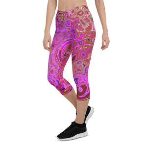 Capri Leggings for Women, Hot Pink Marbled Colors Abstract Retro Swirl
