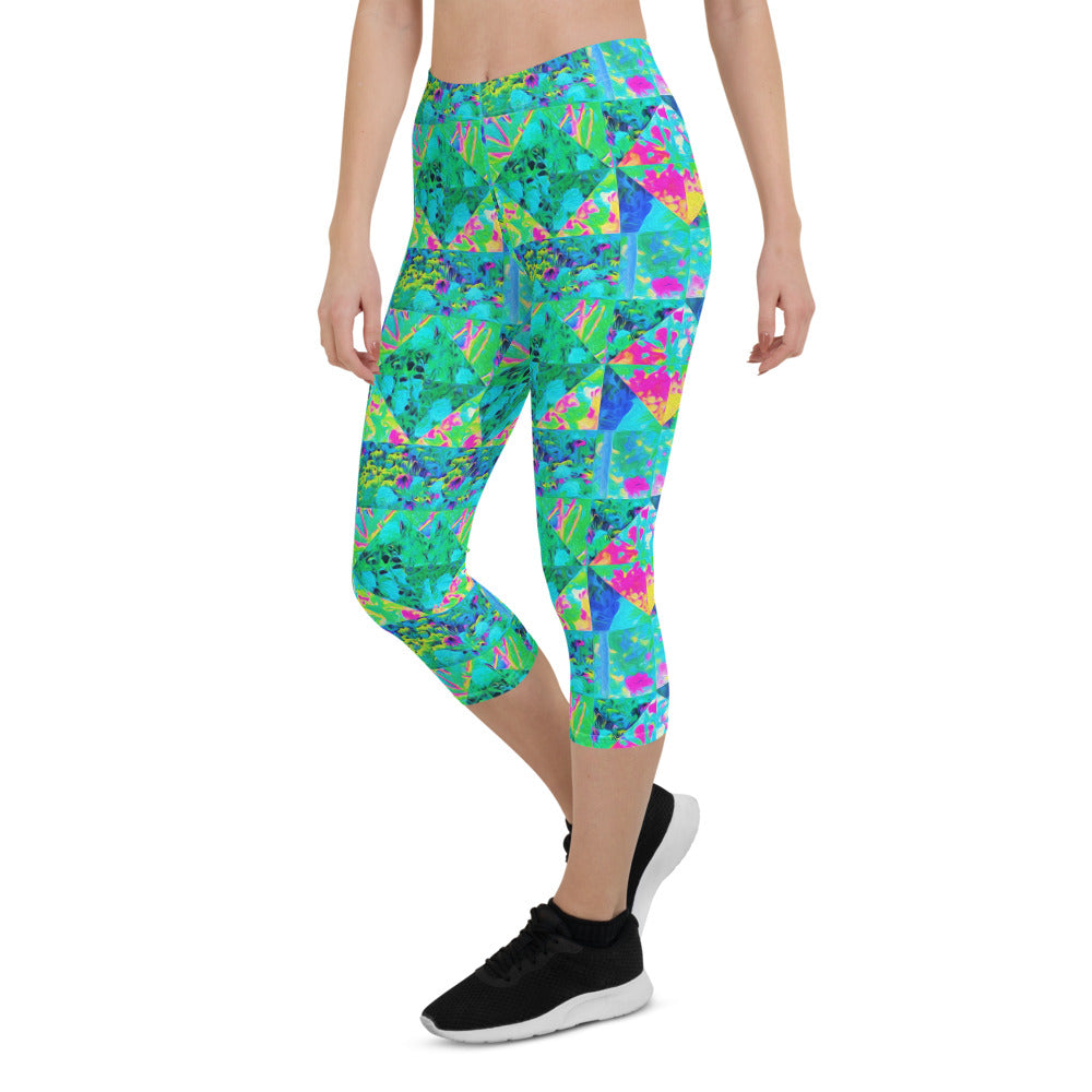Capri Leggings for Women, Garden Quilt Painting with Hydrangea and Blues
