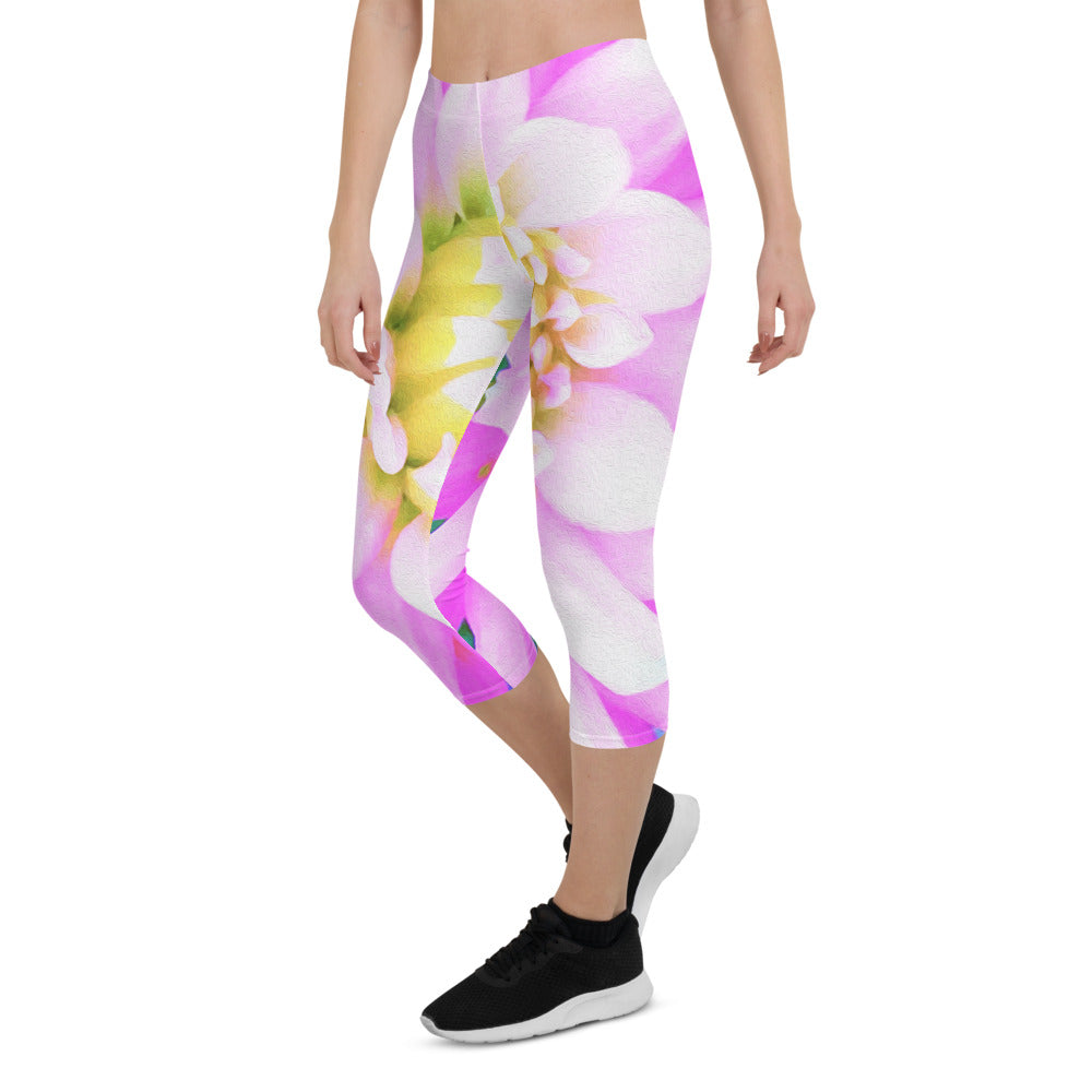 Capri Leggings for Women, Pretty Pink, White and Yellow Cactus Dahlia Macro