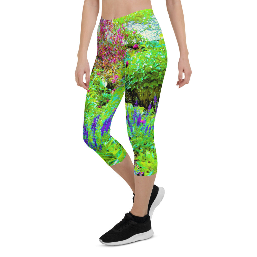 Capri Leggings for Women, Green Spring Garden Landscape with Peonies