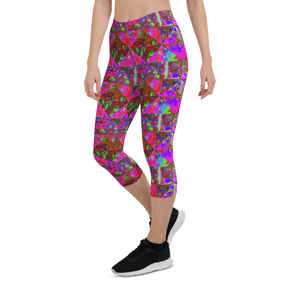 Capri Leggings for Women, Trippy Garden Quilt Painting with Lime Green Hydrangea