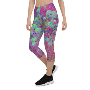 Colorful Floral Capri Leggings, Magenta Garden with Aqua Hydrangea Flowers