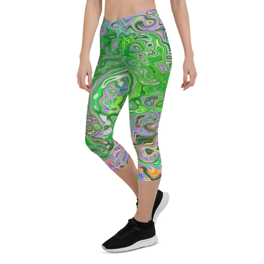 Colorful Capri Leggings for Women, Trippy Lime Green and Pink Abstract Retro Swirl