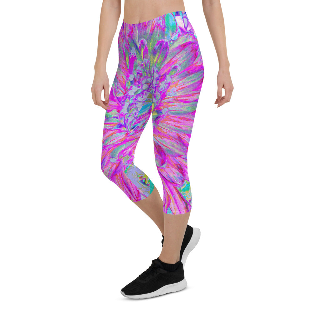 Capri Leggings for Women, Cool Pink Blue and Purple Artsy Dahlia Bloom