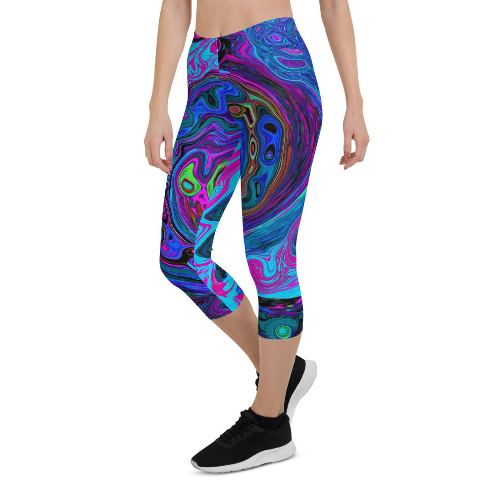 Capri Leggings for Women, Groovy Abstract Retro Blue and Purple Swirl