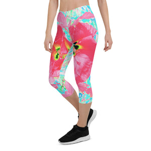 Capri Leggings for Women, Two Rosy Red Coral Plum Crazy Hibiscus on Aqua