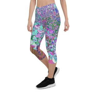 Capri Leggings for Women, Elegant Aqua and Purple Limelight Hydrangea Detail