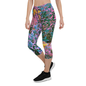 Capri Leggings for Women, Abstract Coral, Pink, Green and Aqua Garden Foliage