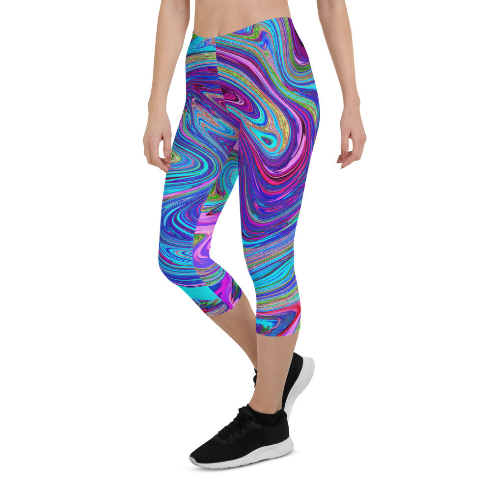 Capri Leggings for Women, Blue, Pink and Purple Groovy Abstract Retro Art