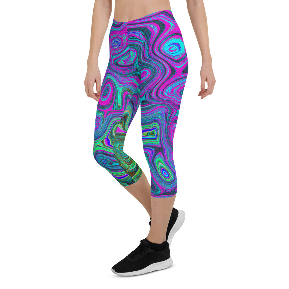 Capri Leggings for Women, Marbled Magenta and Lime Green Groovy Abstract Art