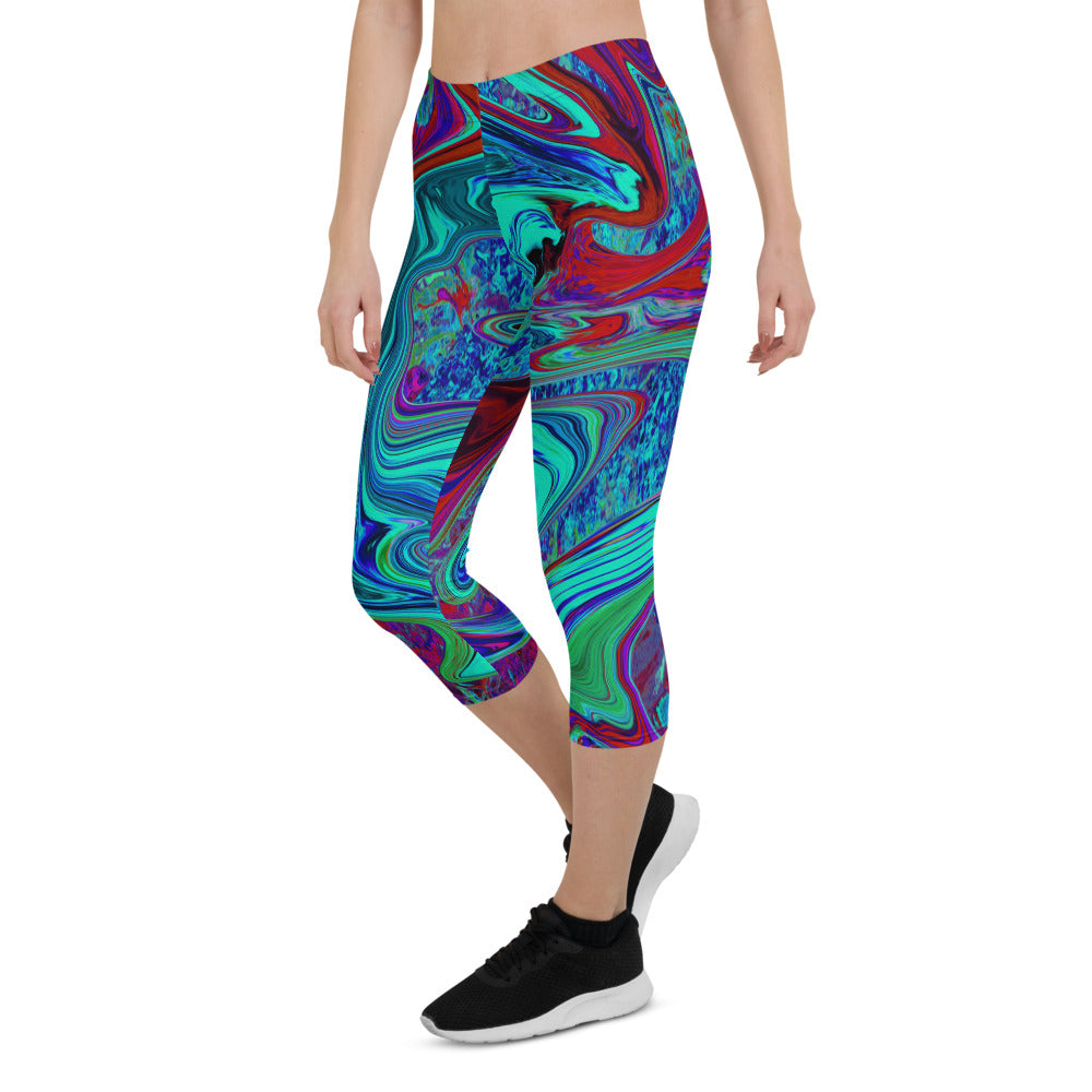 Capri Leggings for Women, Groovy Abstract Retro Art in Blue and Red